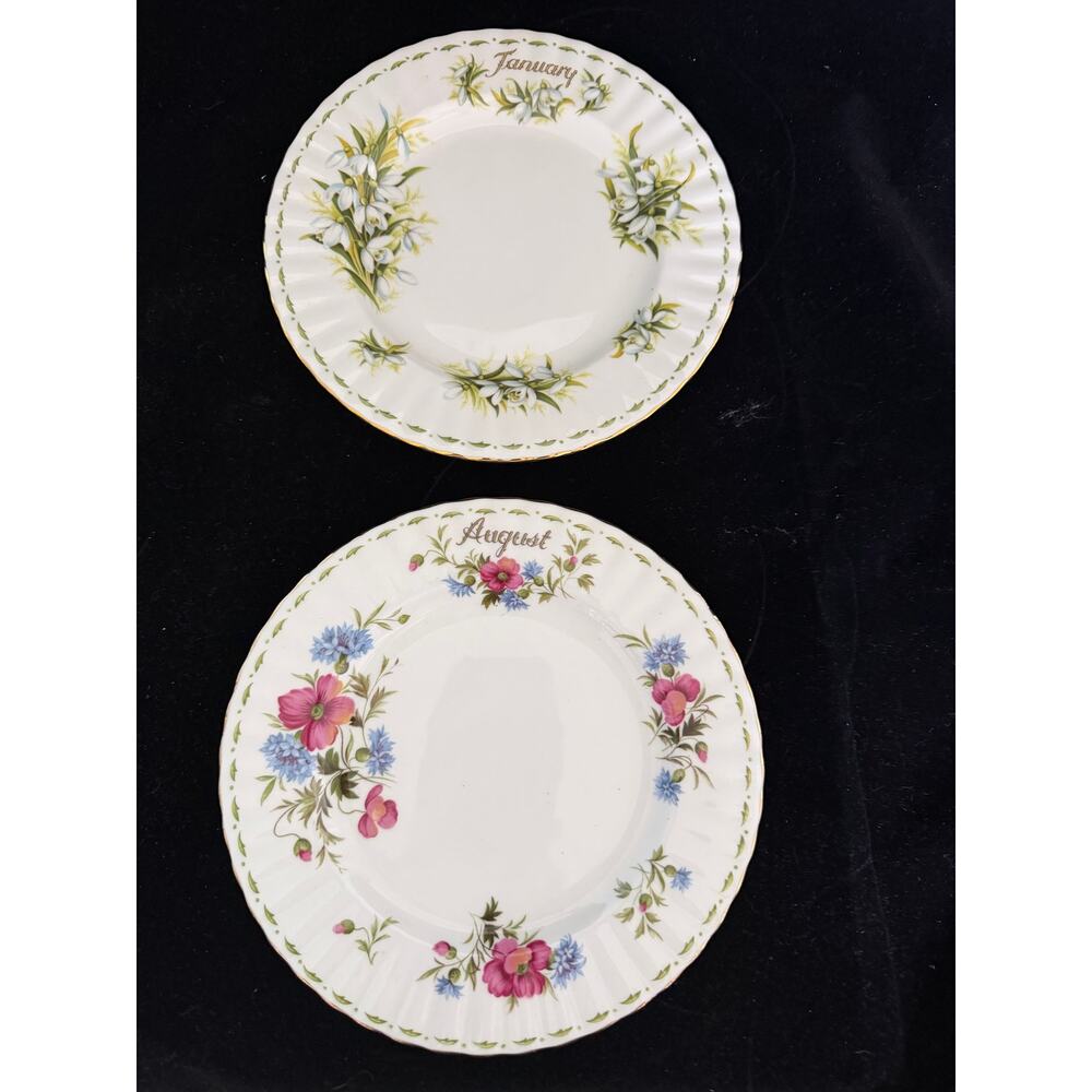 Royal Albert Flower of the Month 8” Plates  Jan Snowdrops & Aug Poppy  Set of 2